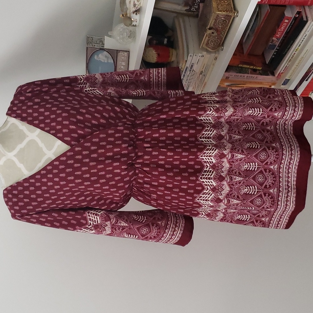 Wrap front, burgundy, 3/4 wide sleeve, elasticated waist boho mini dress
